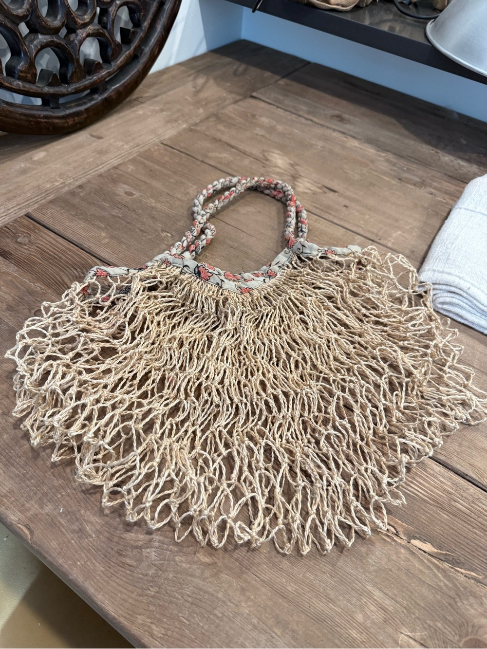 Neutral Natural Woven Tote with Floral-Trim Handle